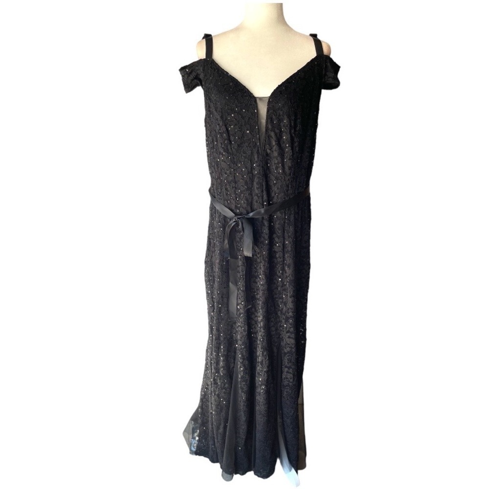 Candalite Women Plus Size Black Sequin Lace Formal Evening Prom Dress Long, 2X